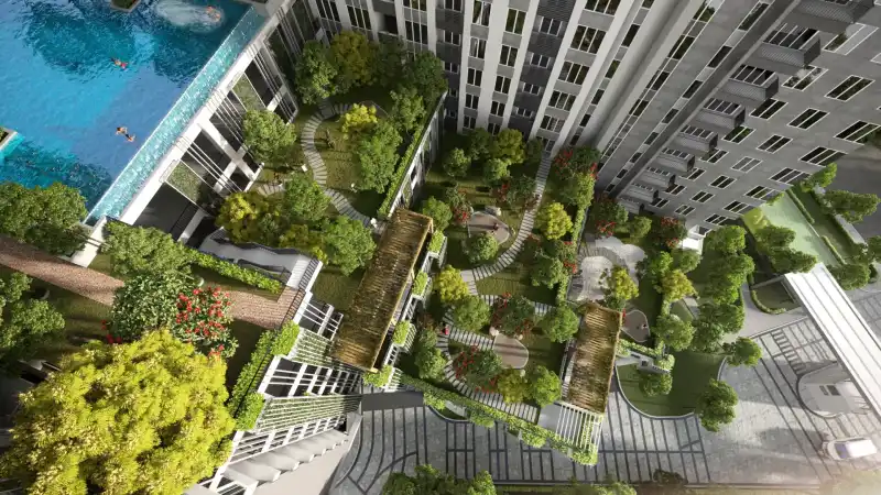 Aerial view of Arunya Residences cascading terrace gardens in Segambut, Kepong